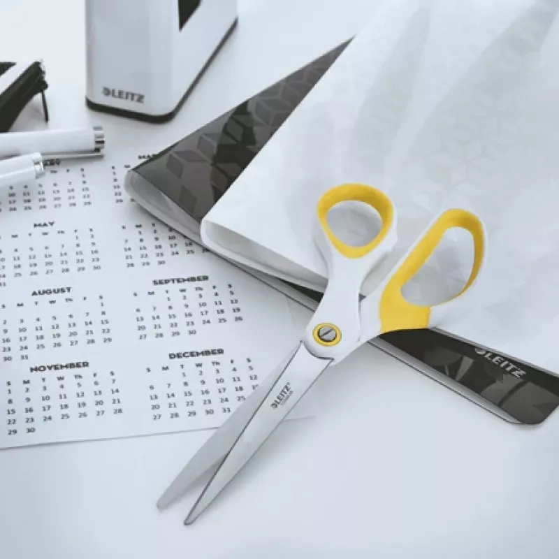 Leitz WOW Titanium biroja šķēres 205 mm, pieaugušajiem, taisns griezums, vienas, balta, dzeltena, nerūsējošais tērauds, biroja šķēres