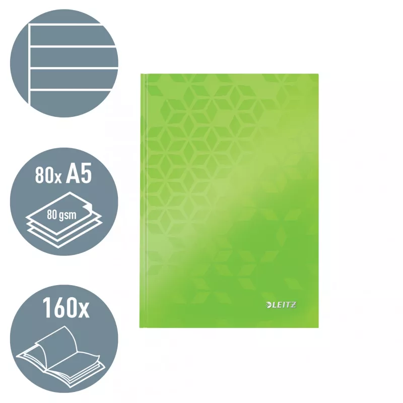 Leitz piezīmju grāmatiņa WOW A5 līniju, cietie vāki, 90 g/80 lapas, raksts, zaļa, A5, 80 lapas, 80 g/m², līniju papīrs