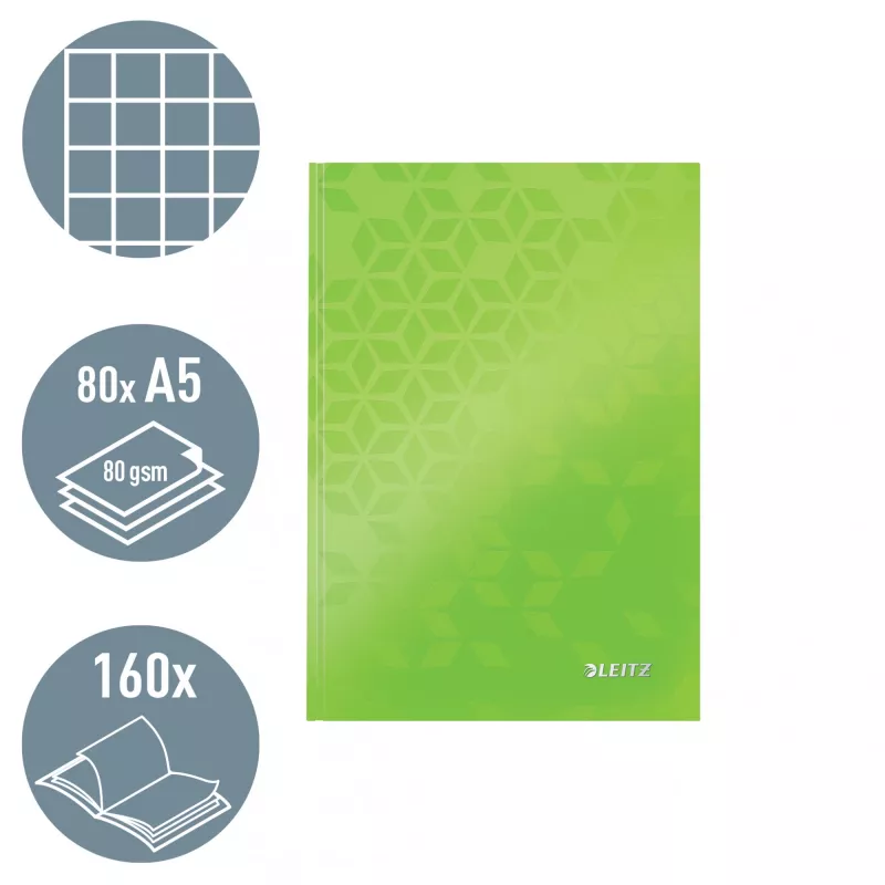 Leitz WOW piezīmju grāmatiņa A5 rūtiņu līnijā ar cietajiem vākiem, raksts, zaļa, A5, 80 lapas, 80 g/m², rūtiņu līnija