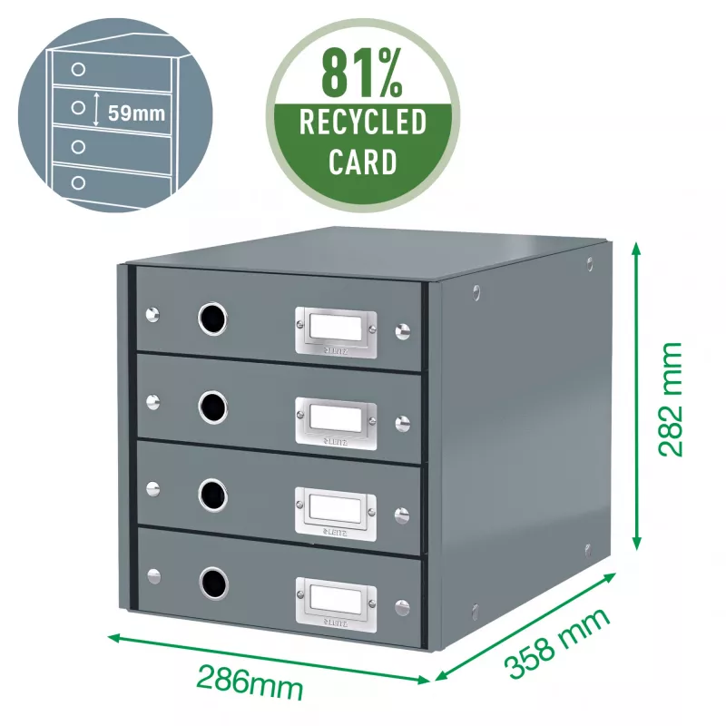 Leitz Click & Store WOW atvilktņu skapis (4 atvilktnes), zaļš, kartons, 286 mm, 356 mm, 282 mm