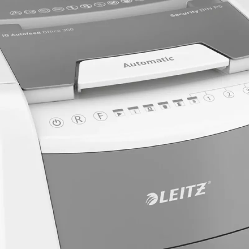 Leitz IQ Autofeed Office 300 automātiskais papīra smalcinātājs P5, mikro griezuma smalcināšana, 22 cm, 2 x 15 mm, 60 L, 700 loksnes, 55 dB