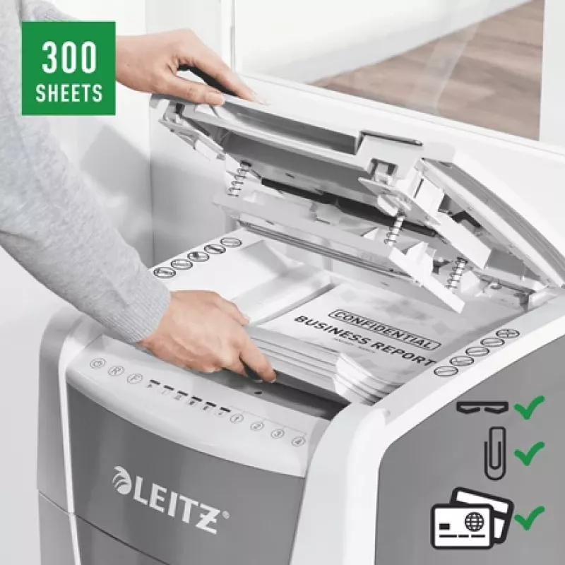 Leitz IQ Autofeed Office 300 automātiskais papīra smalcinātājs P5, mikro griezuma smalcināšana, 22 cm, 2 x 15 mm, 60 L, 700 loksnes, 55 dB