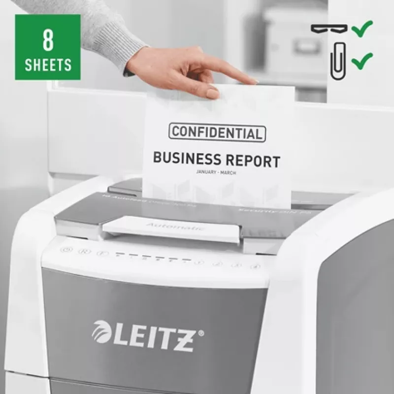 Leitz IQ Autofeed Office 300 automātiskais papīra smalcinātājs P5, mikro griezuma smalcināšana, 22 cm, 2 x 15 mm, 60 L, 700 loksnes, 55 dB