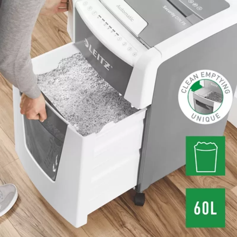 Leitz IQ Autofeed Office 300 automātiskais papīra smalcinātājs P5, mikro griezuma smalcināšana, 22 cm, 2 x 15 mm, 60 L, 700 loksnes, 55 dB