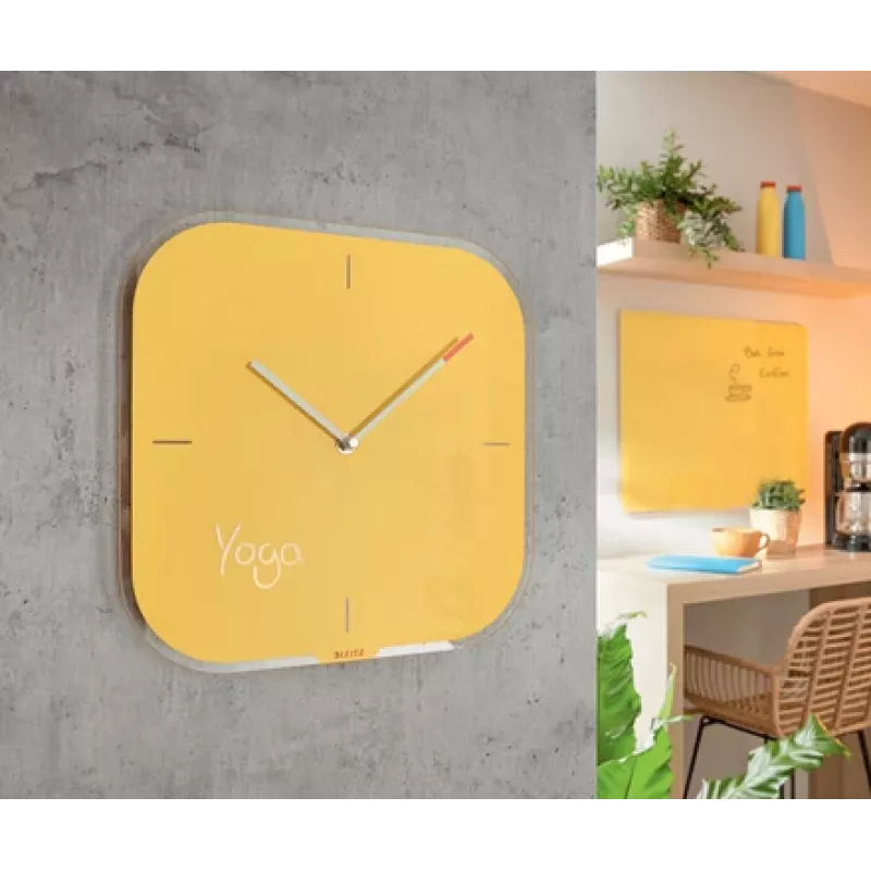 Leitz Cosy Silent Glass Wall Clock, Square, dzeltena, 300 mm, 300 mm, 40 mm, 1.6 kg