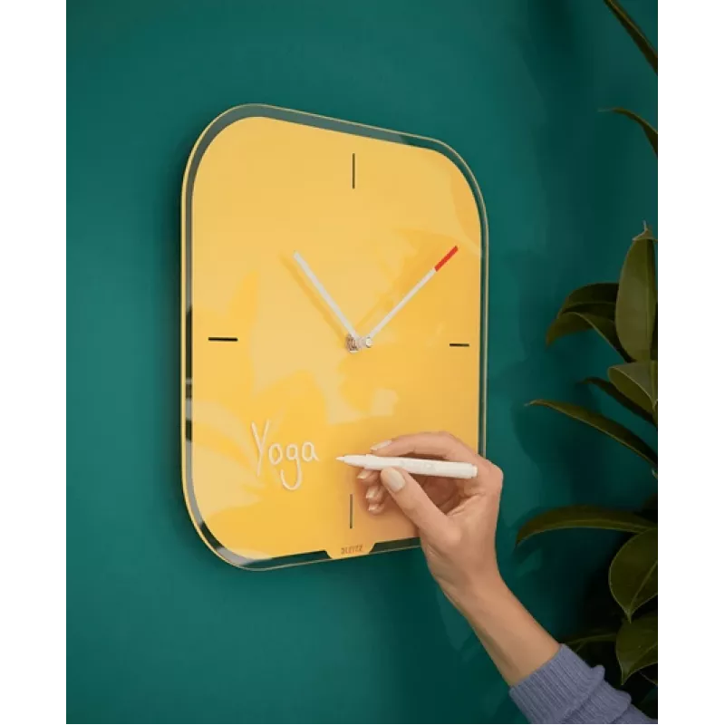 Leitz Cosy Silent Glass Wall Clock, Square, dzeltena, 300 mm, 300 mm, 40 mm, 1.6 kg