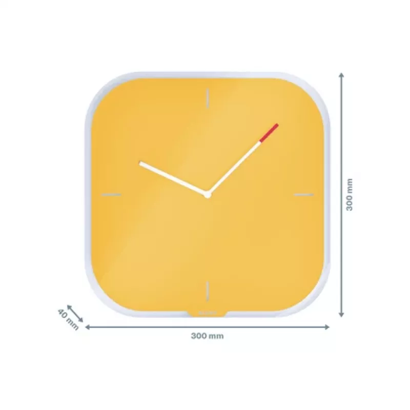 Leitz Cosy Silent Glass Wall Clock, Square, dzeltena, 300 mm, 300 mm, 40 mm, 1.6 kg