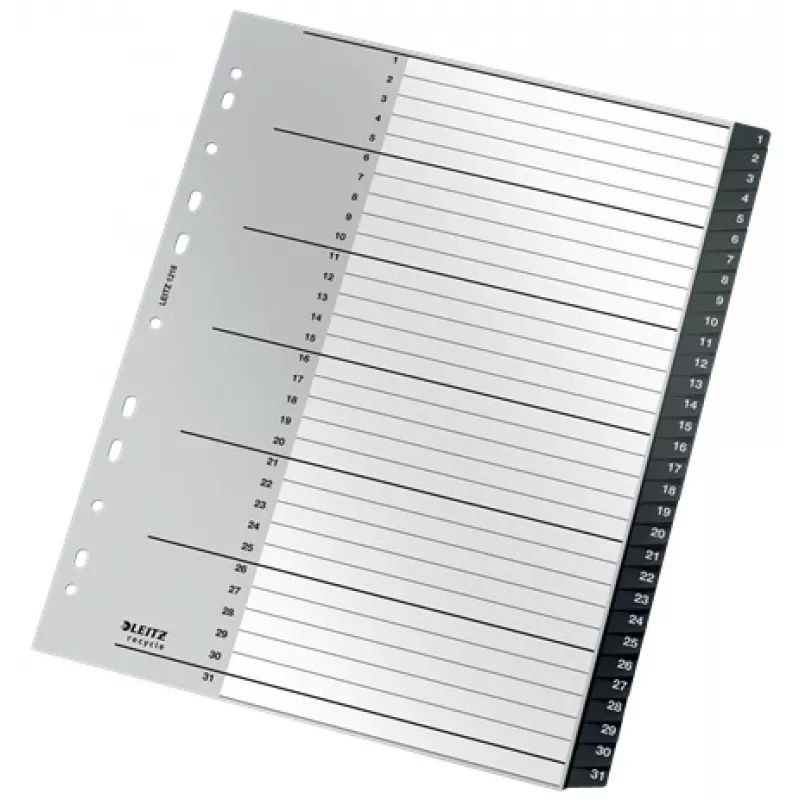 Leitz Recycle rādītājs, PP, īpaši plats, ciparu tabu rādītājs, polipropilēns (PP), melns, balts, portrets, A4 Maxi, 160 g/m²