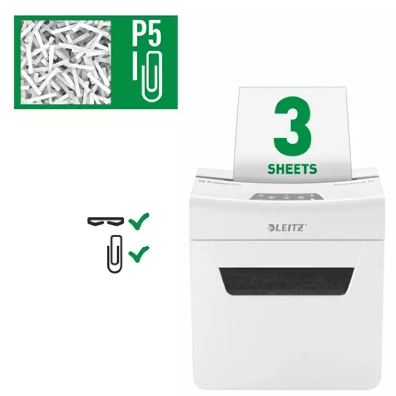 Leitz IQ Protect Premium papīra smalcinātājs 3M P5, mikro griezuma smalcināšana, 2 x 15 mm, 10 L, 125 loksnes, 55 dB, pieskāriena