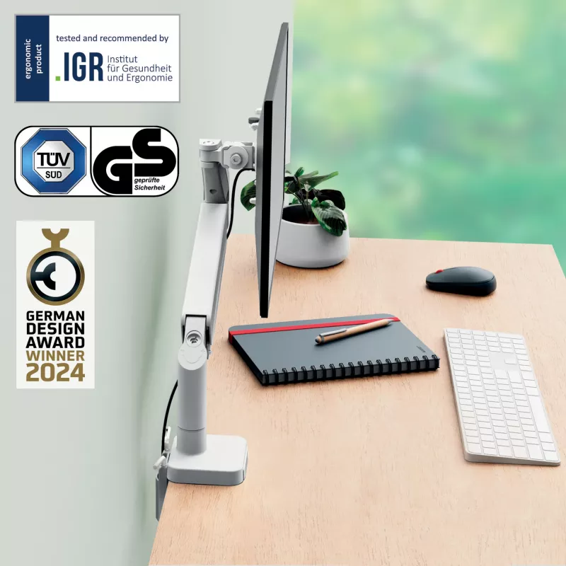 Leitz Ergo Space Saving Single Monitor Arm, Clamp/Grommet, 9 kg, 43.2 cm (17 inch), 81.3 cm (32 inch), 100 x 100 mm, pelēka