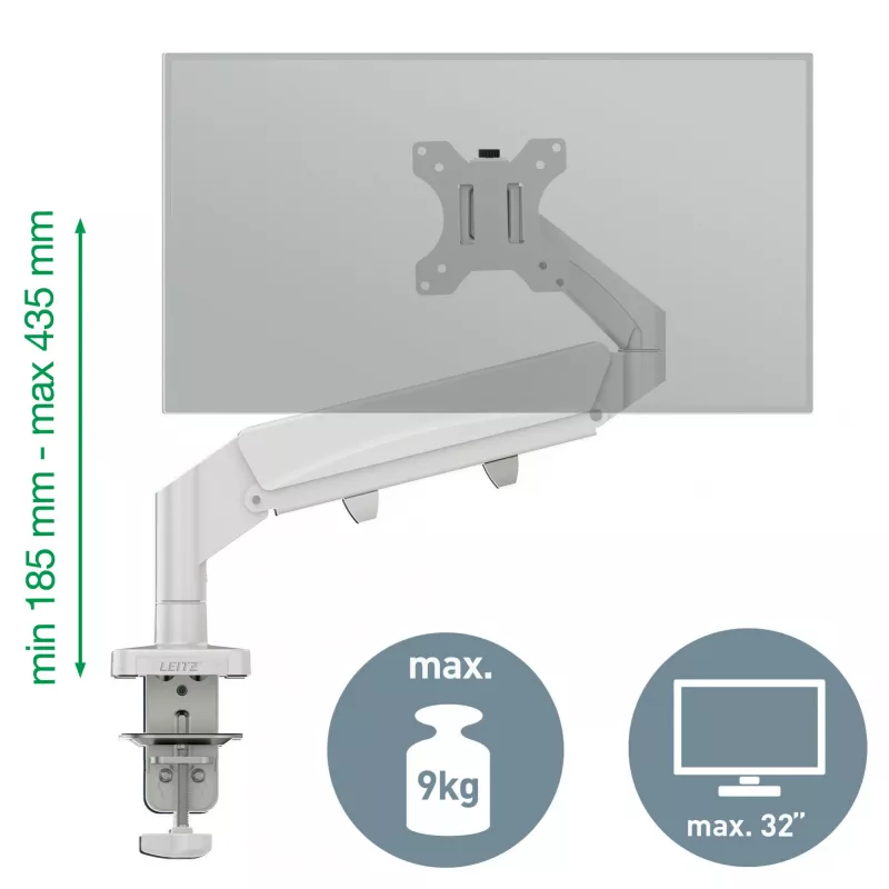 Leitz Ergo Space Saving Single Monitor Arm, Clamp/Grommet, 9 kg, 43.2 cm (17 inch), 81.3 cm (32 inch), 100 x 100 mm, pelēka