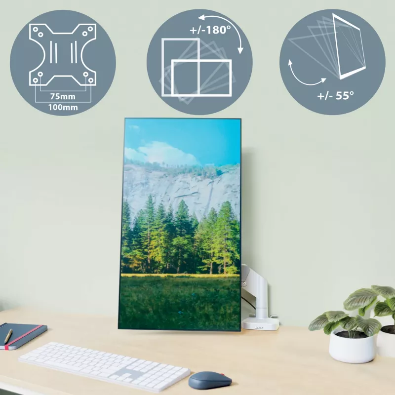 Leitz Ergo Space Saving Single Monitor Arm, Clamp/Grommet, 9 kg, 43.2 cm (17 inch), 81.3 cm (32 inch), 100 x 100 mm, pelēka