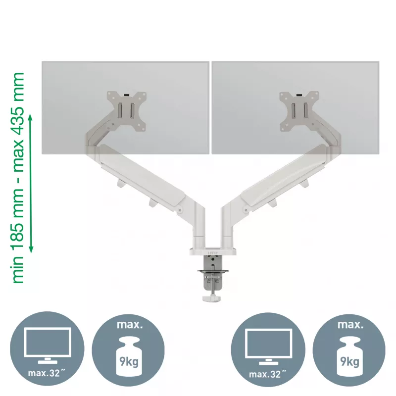 Leitz Ergo vietu taupošs dubultais monitora statnis, skava/caurums, 18 kg, 43,2 cm (17 collas), 81,3 cm (32 collas), 100 x 100 mm, pelēks
