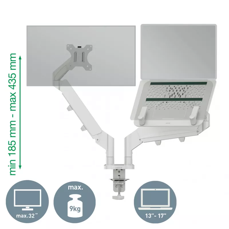 Leitz Ergo Space Saving Dual Monitor & Laptop Arm, Clamp/Grommet, 9 kg, 33 cm (13 collas), 81,3 cm (32 collas), 100 x 100 mm, Pelēks