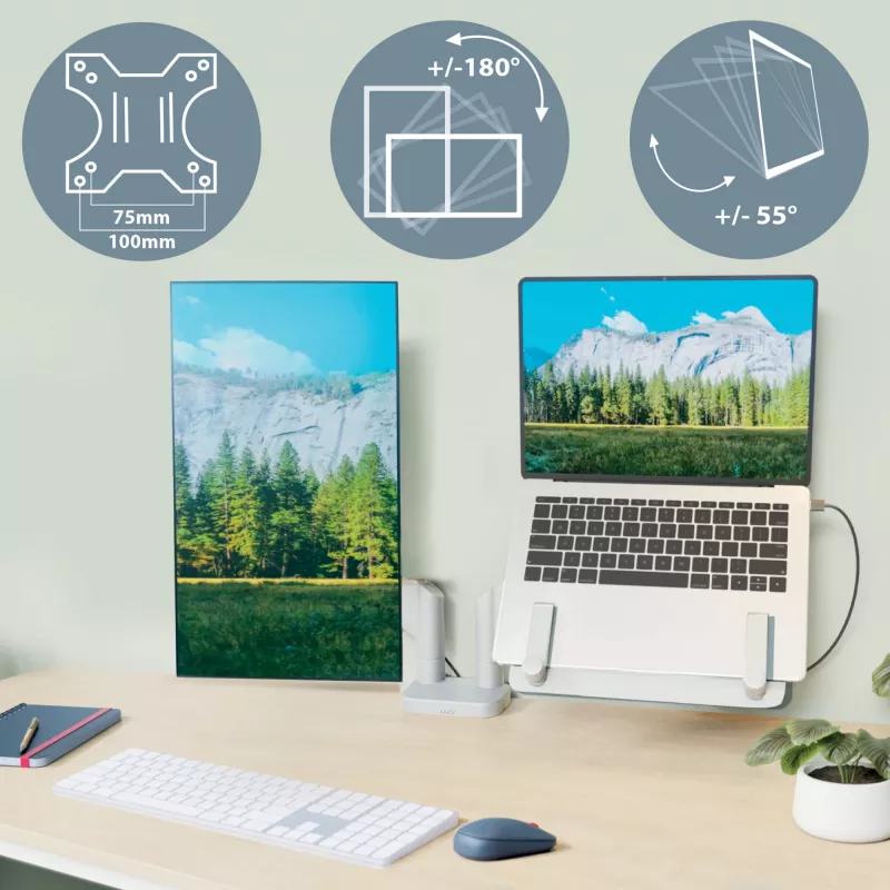 Leitz Ergo Space Saving Dual Monitor & Laptop Arm, Clamp/Grommet, 9 kg, 33 cm (13 collas), 81,3 cm (32 collas), 100 x 100 mm, Pelēks