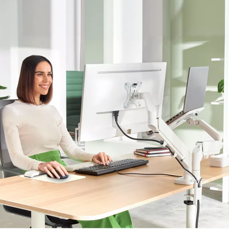 Leitz Ergo Space Saving Dual Monitor & Laptop Arm, Clamp/Grommet, 9 kg, 33 cm (13 collas), 81,3 cm (32 collas), 100 x 100 mm, Pelēks