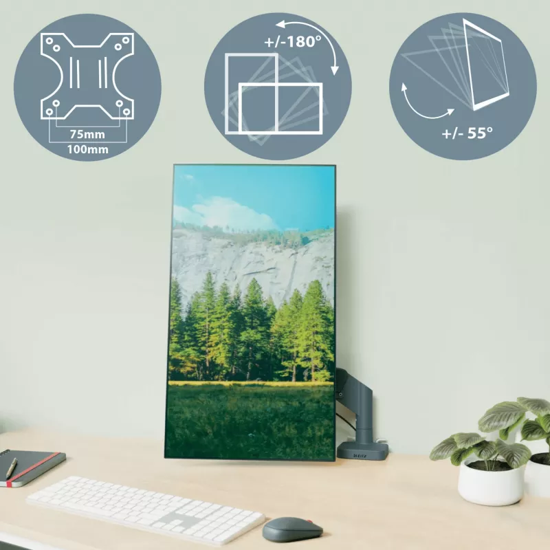 Leitz Ergo Space Saving Dual Monitor & Laptop Arm, Clamp/Grommet, 18 kg, 43.2 cm (17 collas), 81.3 cm (32 collas), 100 x 100 mm, tumši pelēks