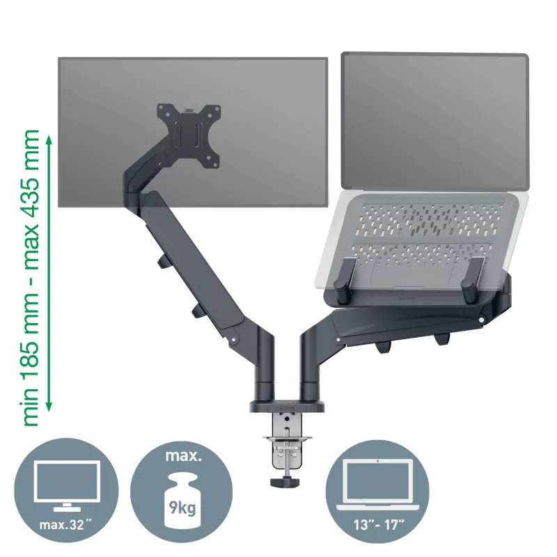 Leitz Ergo Space Saving Dual Monitor & Laptop Arm, Clamp/Grommet, 18 kg, 43.2 cm (17 collas), 81.3 cm (32 collas), 100 x 100 mm, tumši pelēks