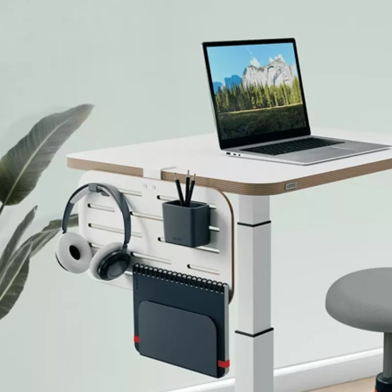 Leitz Ergo nelielais stiprināmais dēliša galda organizators, 42x25 cm, MDF, pārstrādāta plastmasa, gumija, Balts, Skavas stiprinājums, Vēstules, Papīrs, Attēli, 450 x 61 x 330 mm, 450 mm