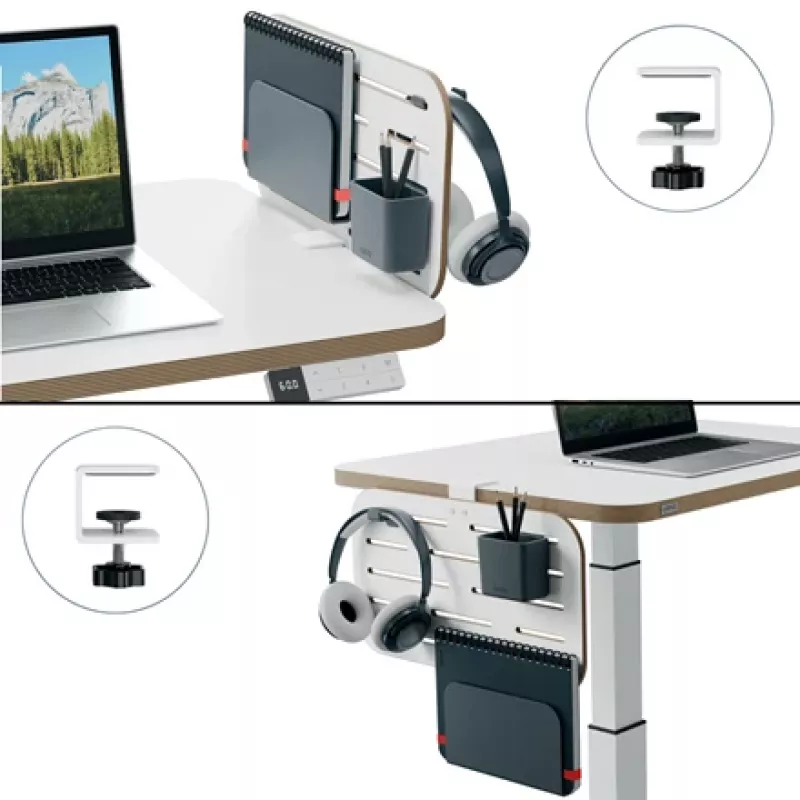Leitz Ergo nelielais stiprināmais dēliša galda organizators, 42x25 cm, MDF, pārstrādāta plastmasa, gumija, Balts, Skavas stiprinājums, Vēstules, Papīrs, Attēli, 450 x 61 x 330 mm, 450 mm
