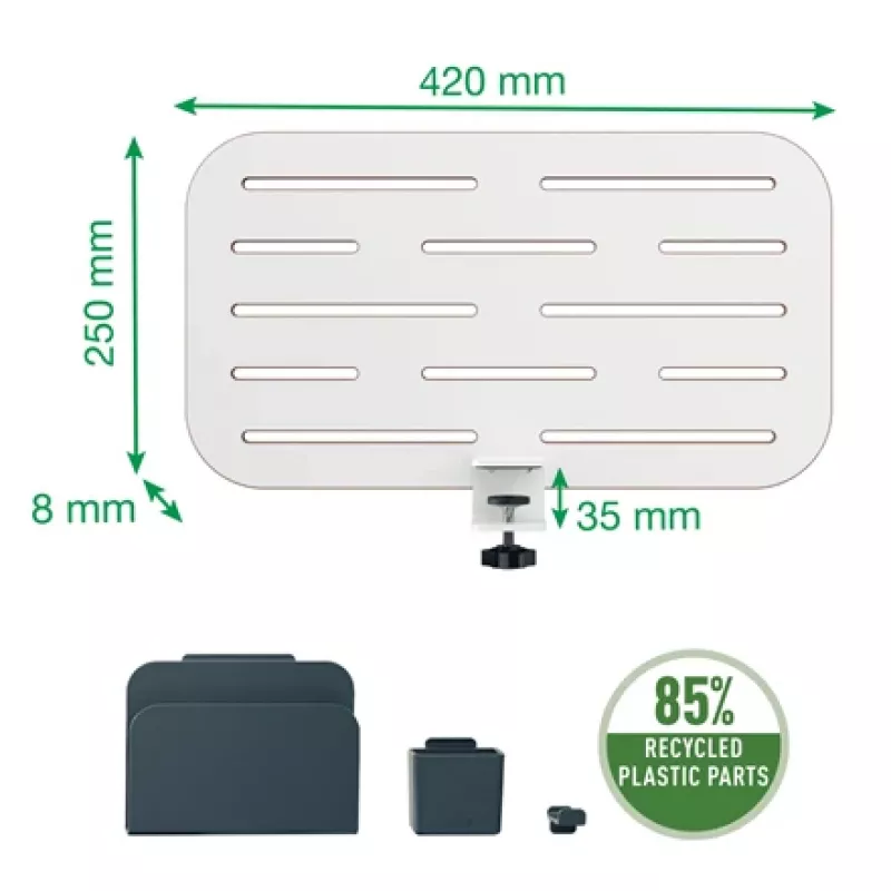 Leitz Ergo nelielais stiprināmais dēliša galda organizators, 42x25 cm, MDF, pārstrādāta plastmasa, gumija, Balts, Skavas stiprinājums, Vēstules, Papīrs, Attēli, 450 x 61 x 330 mm, 450 mm