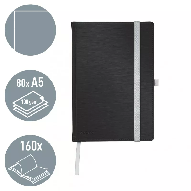 Leitz Style piezīmju grāmatiņa A5 bez līnijām ar cietajiem vākiem, Vienkrāsains, Melna, A5, 80 lapas, 100 g/m², Cietie vāki