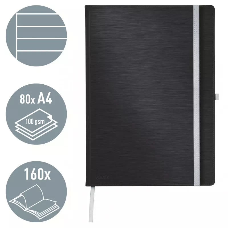 Leitz Style piezīmju grāmatiņa A4 līniju, ar cietajiem vākiem, Vienkrāsains, Melna, A4, 80 lapas, 100 g/m², Līniju papīrs