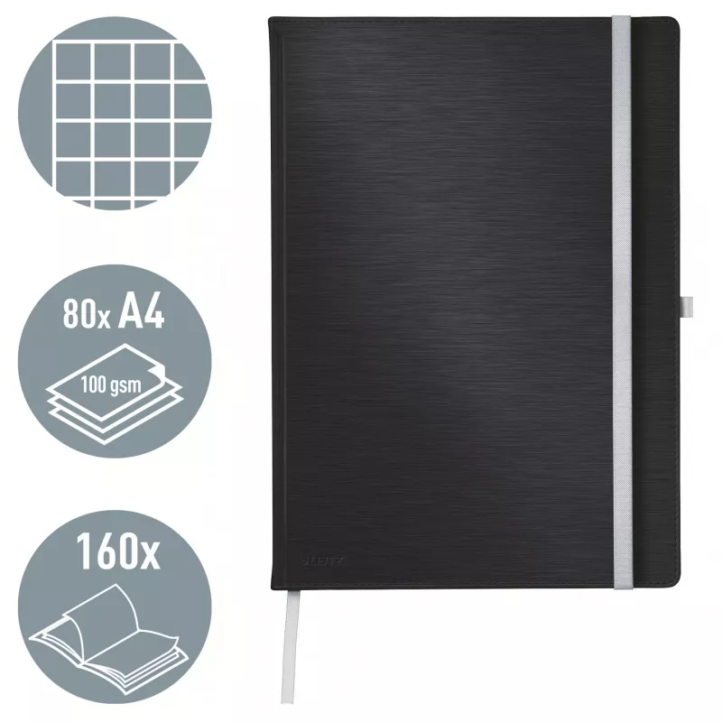 Leitz Style piezīmju grāmata A4 rūtotā ar cieto vāku, vienkrāsaina, Melna, A4, 80 lapas, 100 g/m², Rūtotā papīra