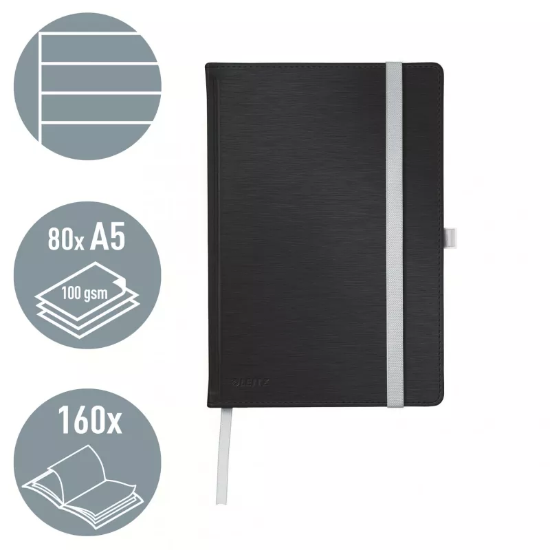 Leitz Style piezīmju grāmatiņa A5 līnijās ar cietajiem vākiem, Vienkrāsains, Melns, A5, 80 loksnes, 100 g/m², Svītrots papīrs