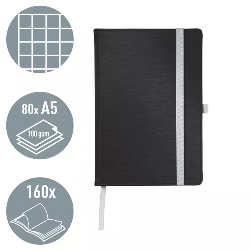 Leitz Style piezīmju grāmatiņa A5 ar rūtotu iesējumu cietos vākos, Vienkrāsains, Melns, A5, 80 lapas, 100 g/m², Rūtots papīrs