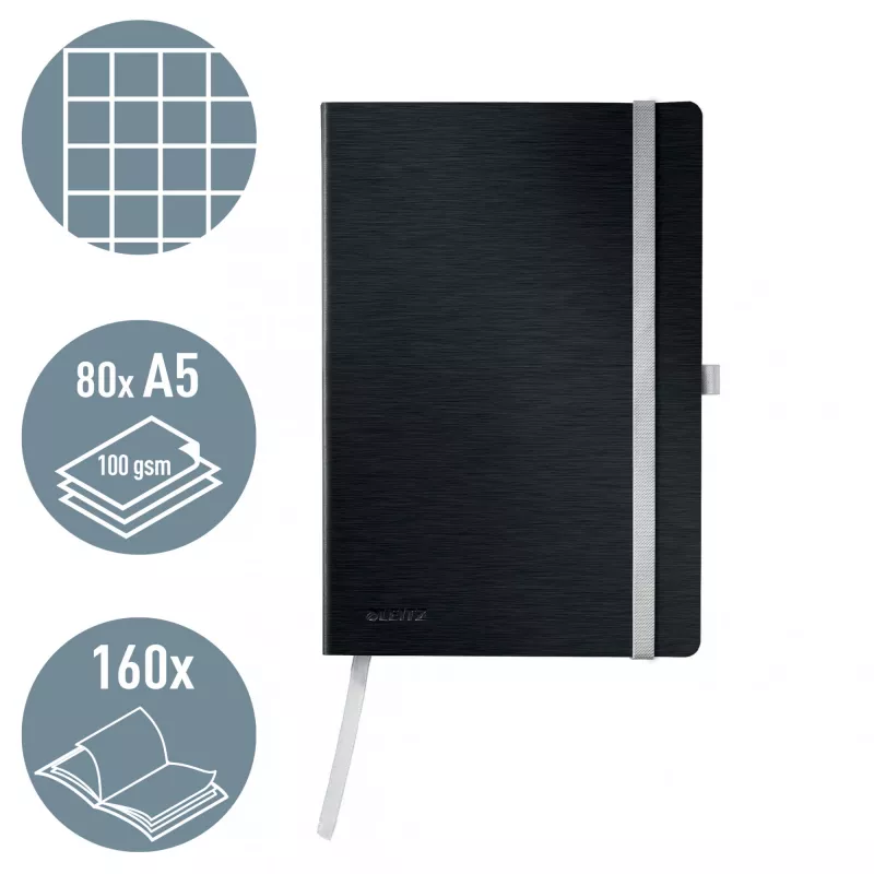 Leitz Style piezīmju grāmatiņa A5 rūtotas ar mīkstajiem vākiem, vienkrāsains, melns, A5, 80 lapas, 100 g/m², rūtots papīrs