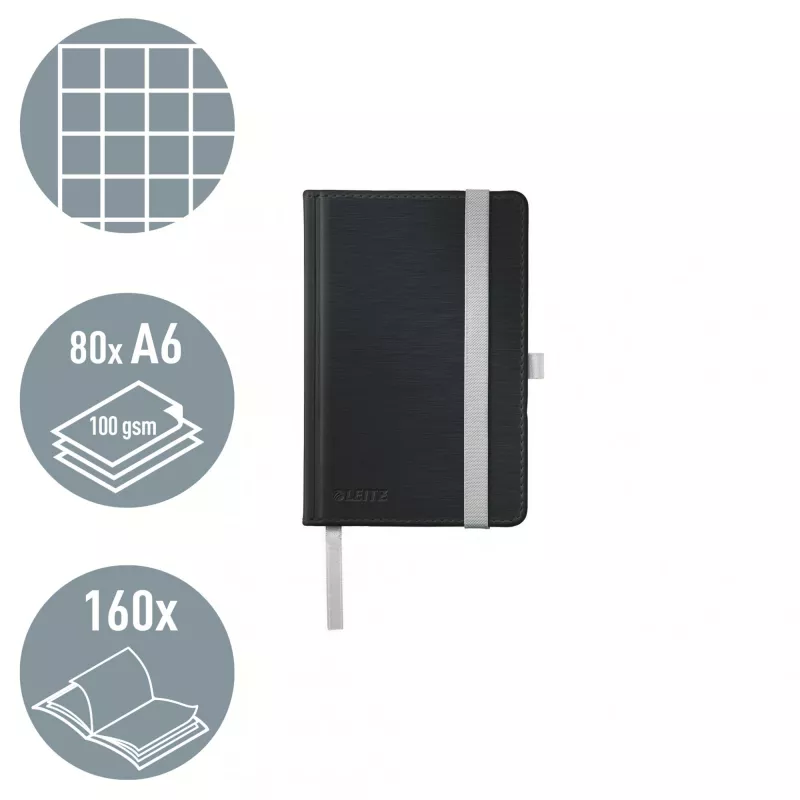 Leitz Style piezīmju grāmatiņa A6 rūtaina ar cieto vāku, vienkrāsaina, melna, A6, 80 lapas, 100 g/m², rūtains papīrs