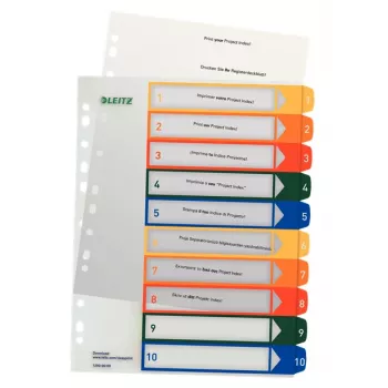 LEITZ Plastmasas indekss, cipari, A4 īpaši plats, 1-10, apdrukājams ar datoru, caurspīdīgs ar krāsainām cilnēm, PP, 10 daļu (1293-00-00)