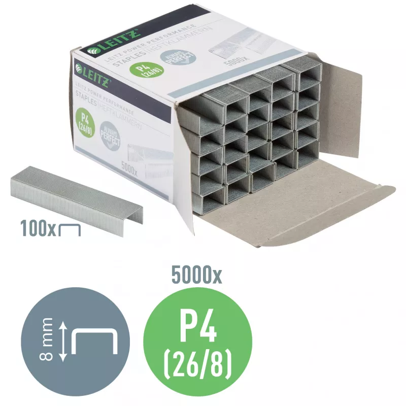 Leitz skavas Power Performance P4 26/8, kaste ar 5000, skavu iepakojums, 26/8, 8 mm, 100 skavas, stiprināšanai, 26/8