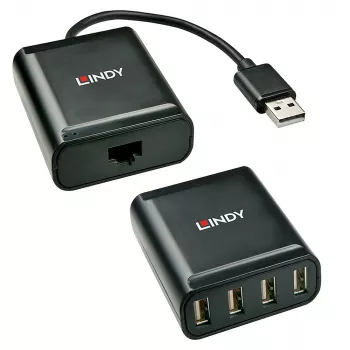 Lindy 60m 4 pieslēgvietu USB 2.0 Cat.6 paplašinātājs, USB 2.0, RJ-45, USB 2.0, melns, metāls, 52 mm, 60 mm