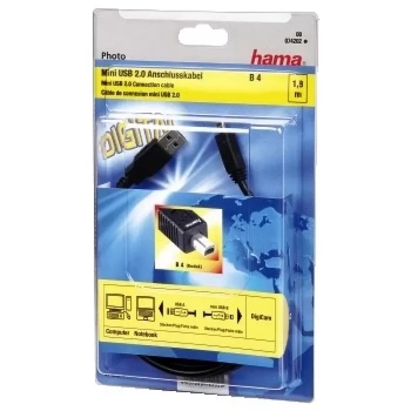 Hama USB 2.0 kabelis USB-A spraudnis - mini USB-B spraudnis (B4), 1,8 m USB kabelis USB A Mini-USB B Melns