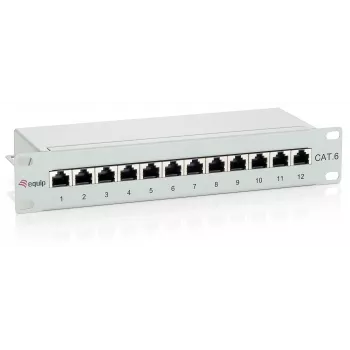 Equip 12 portu Cat.6 ekranēts ielāpu panelis, gaiši pelēks, RJ-45, zelts, Cat6, uzstādīšana statnē, 1U, pelēks