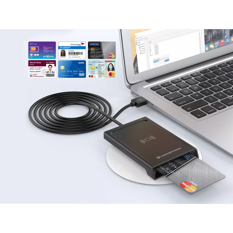 Conceptronic BIAN11B Divkāršās saskarnes viedkaršu lasītājs, USB 2.0, Tuva lauka komunikācija (NFC), 1 m, melns, 100 g