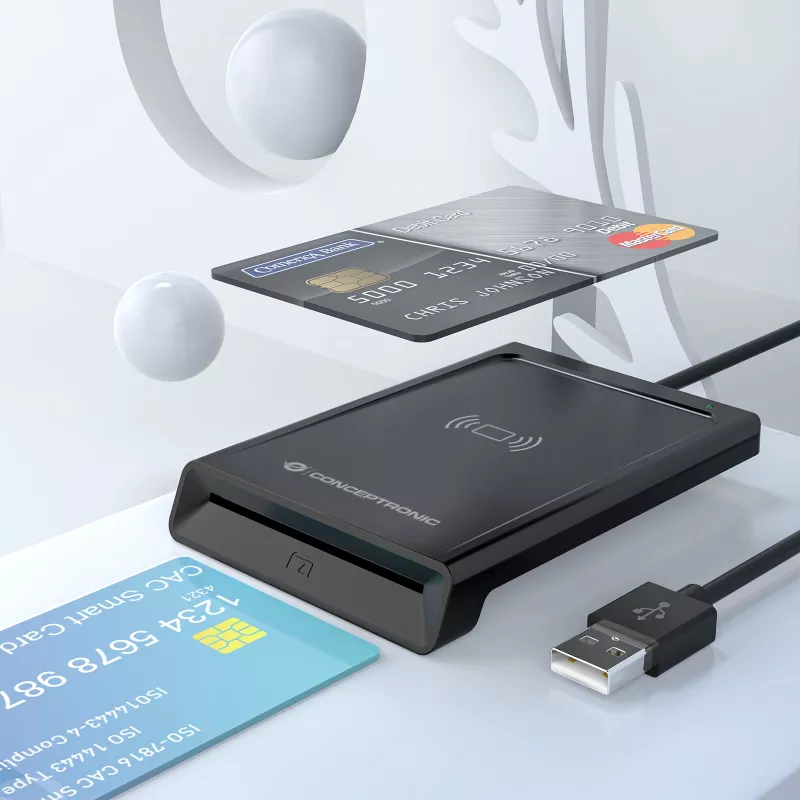 Conceptronic BIAN11B Divkāršās saskarnes viedkaršu lasītājs, USB 2.0, Tuva lauka komunikācija (NFC), 1 m, melns, 100 g