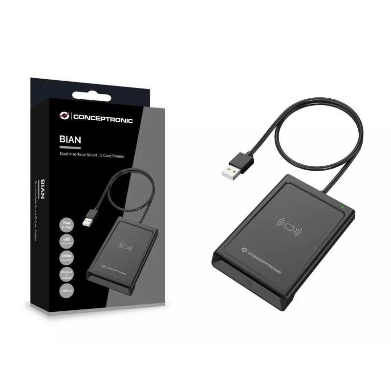 Conceptronic BIAN11B Divkāršās saskarnes viedkaršu lasītājs, USB 2.0, Tuva lauka komunikācija (NFC), 1 m, melns, 100 g