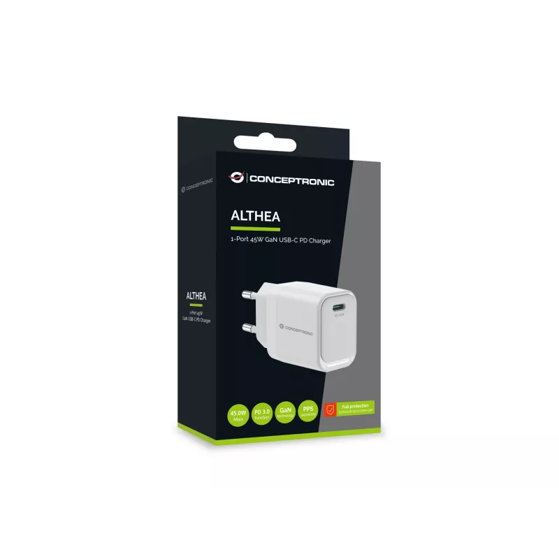 CONCEPTRONIC ALTHEA19W45 1 pieslēgvietas 45 W GaN USB-C PD lādētājs ar PPS, PD 3.0, 100–240 V, balts