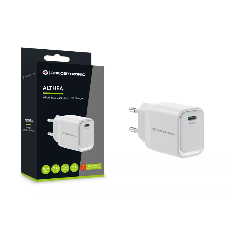 CONCEPTRONIC ALTHEA19W45 1 pieslēgvietas 45 W GaN USB-C PD lādētājs ar PPS, PD 3.0, 100–240 V, balts