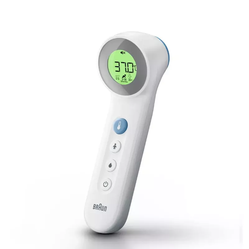 Digitālais pieres termometrs BRAUN BNT400 — attālināta mērīšana, 34–43°C diapazons, 0,1°C precizitāte, balts