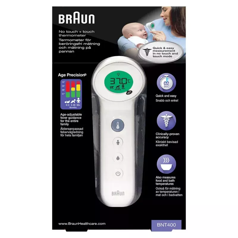 Digitālais pieres termometrs BRAUN BNT400 — attālināta mērīšana, 34–43°C diapazons, 0,1°C precizitāte, balts