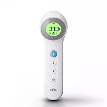 Digitālais pieres termometrs BRAUN BNT400 — attālināta mērīšana, 34–43°C diapazons, 0,1°C precizitāte, balts