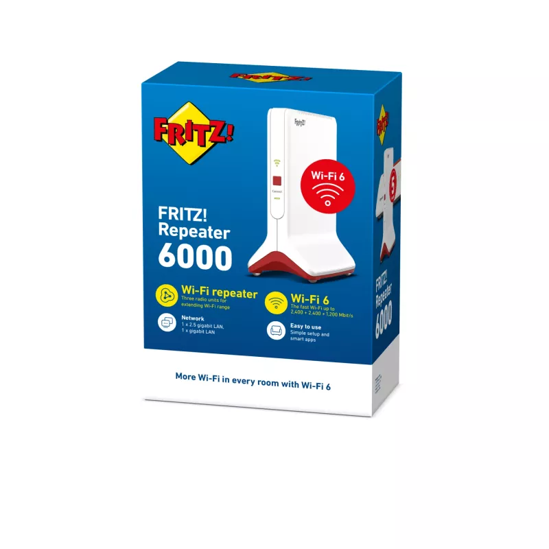 Bezvadu diapazona paplašinātājs AVM FRITZ!Repeater 6000 Edition International — trīsjoslu 6000 Mb/s, 2x LAN, balts