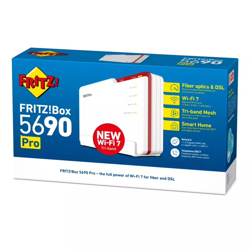 FRITZ! 5690 Pro International bezvadu maršrutētājs 2,5 Gigabit Ethernet Tri-band (2,4 GHz / 5 GHz / 6 GHz) Balts
