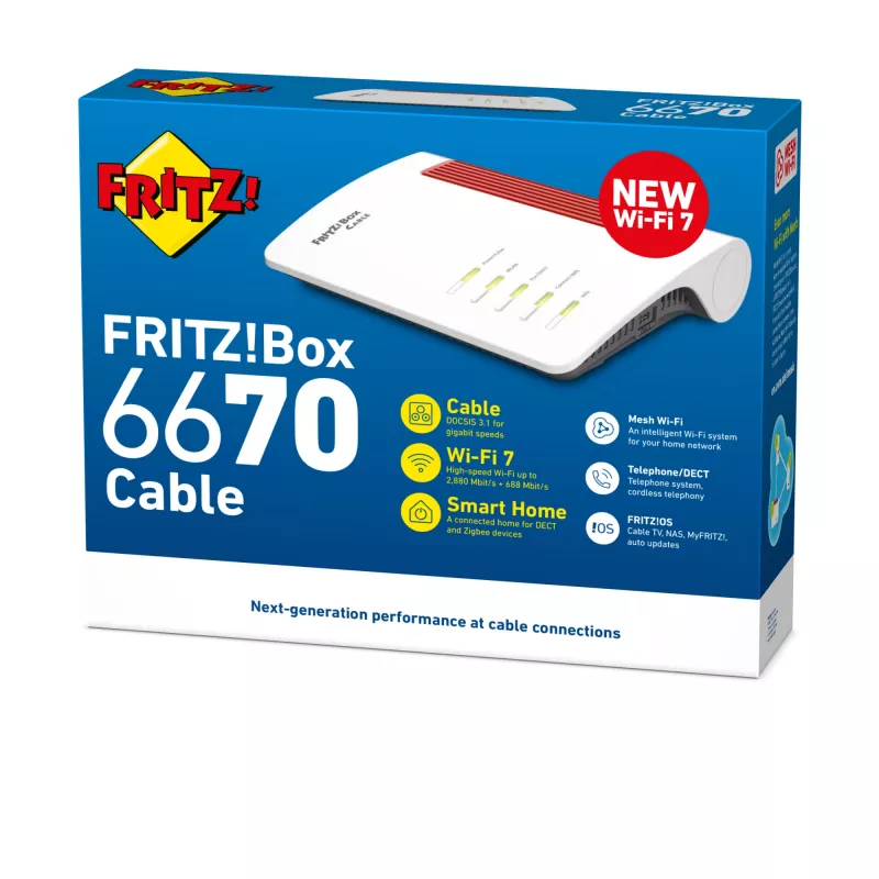 Box FRITZ 6670 kabelis Edition International bezvadu maršrutētājs 2,5 Gigabit Ethernet Divjoslu (2.4 GHz / 5 GHz) Sarkans, Balts