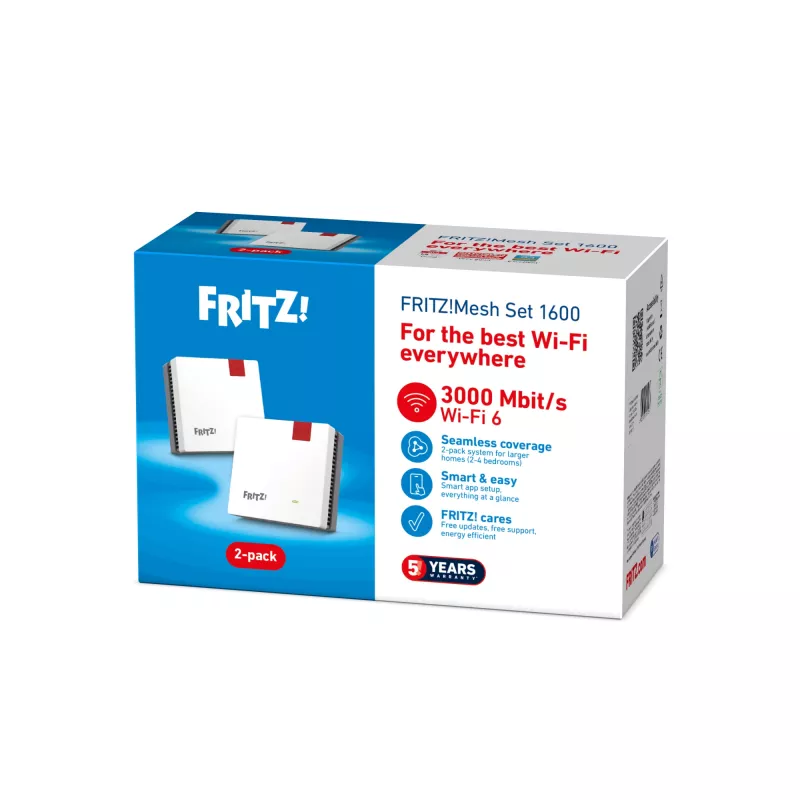 Mesh Set FRITZMESH SET 1600 2-PACK EDITION INTERNATIONAL Divjoslu (2,4 GHz / 5 GHz) Wi-Fi 6 (802.11ax) Sarkans, Balts Iekšējā
