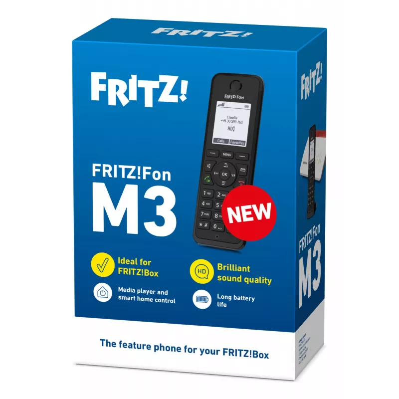 DECT tālrunis AVM FRITZ! Fon M3 International — bezvadu klausule, zvanītāja ID, skaļrunis, 1 klausule, 1000 ierakstu tālruņu grāmata